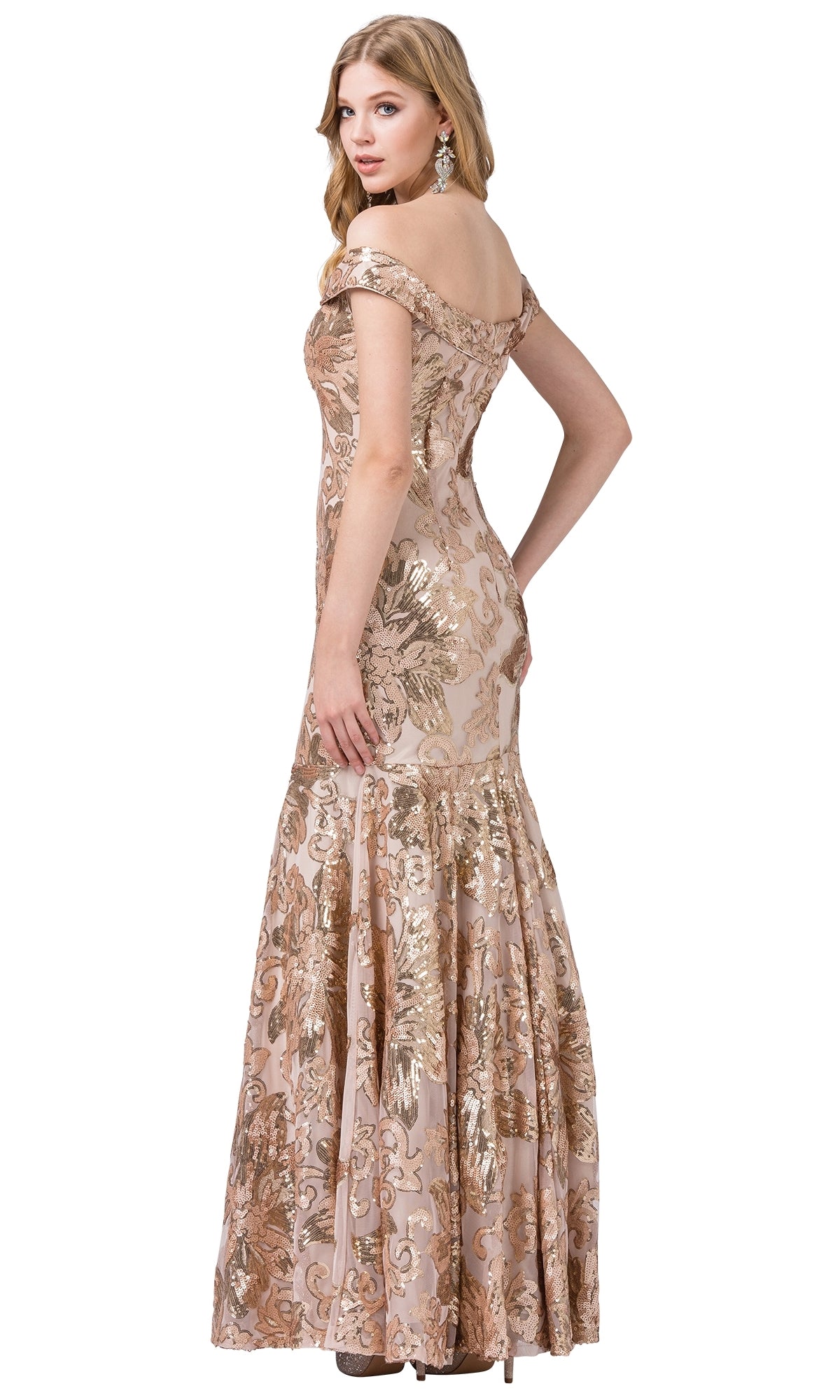 A woman models the Sequin-Print Off-the-Shoulder Long Formal Gown in blush pink with gold floral sequins—a floor-length, elegant choice for special occasions.